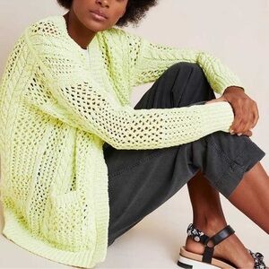 Anthropologie Serenity Neon Yellow open Front Crochet Knit Cardigan XS/S